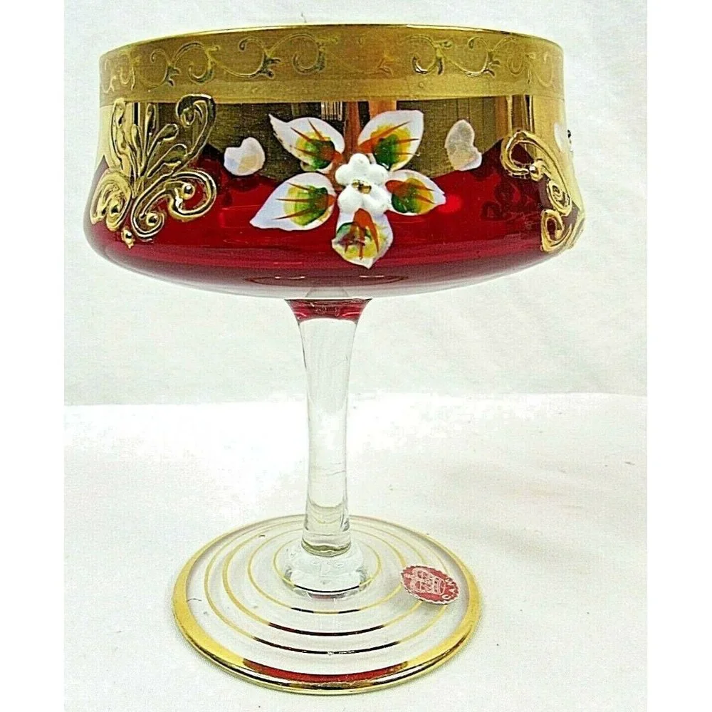 Vintage Bohemian Crystal Ruby Red Wine Glass Floral CAM Stem Set of 2